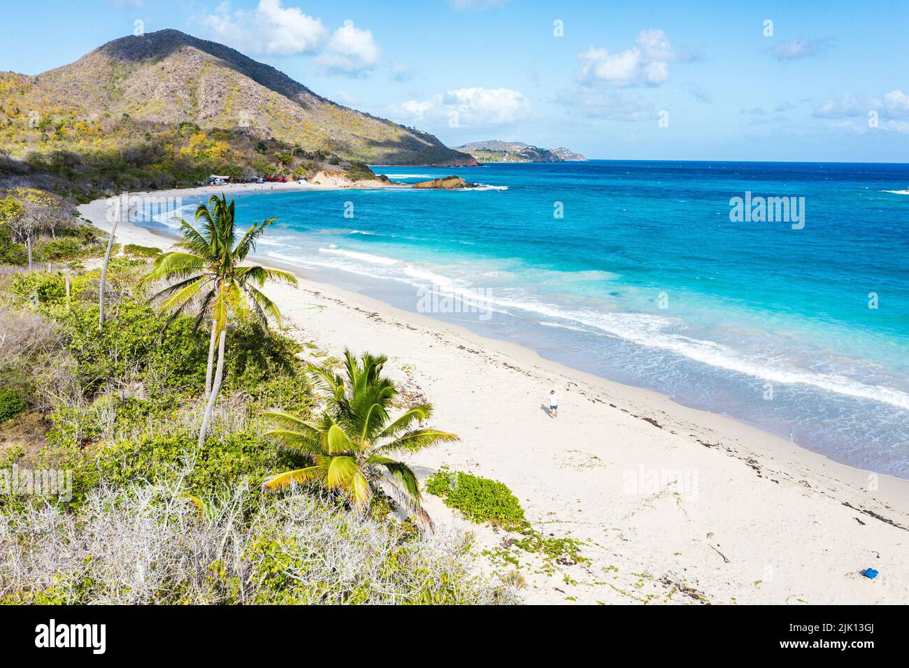 Un turista caminando por una playa rodeada de palmeras vacías, vista aérea, Playa Rendezvous, Antigua, Indias Occidentales, Caribe, América Central Foto de stock