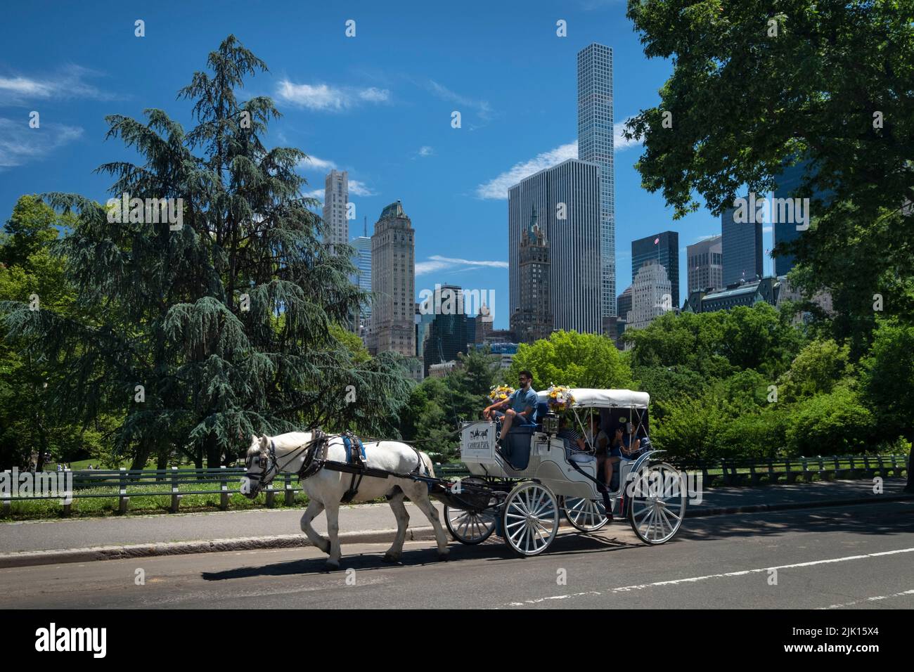 Paseo en carruaje a caballo por Central Park con el horizonte de la ciudad de Nueva York detrás, Central Park, Manhattan, Nueva York, Estados Unidos de América, América del Norte Foto de stock