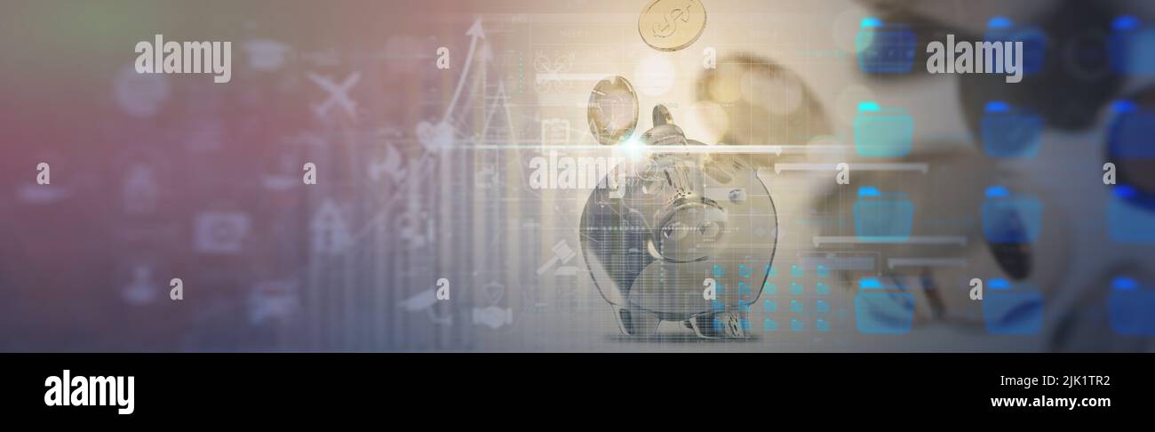 3D Coins Fluyendo con banco de plata piggy y gráfico del mercado de valores con gráfico de candelabro adecuado para inversión financiera y concepto de seguros Foto de stock