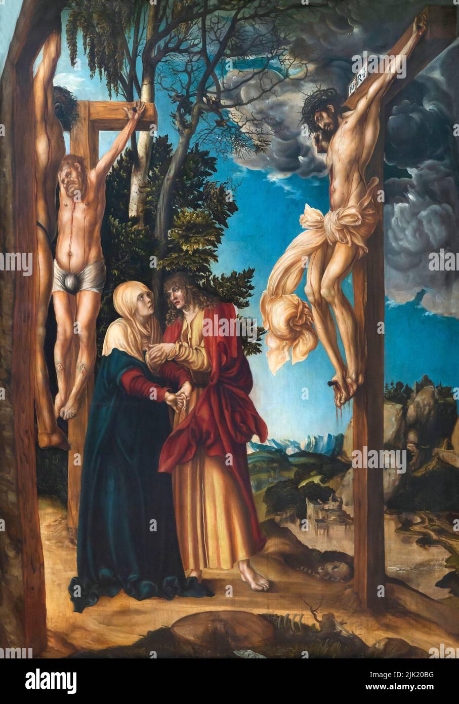La Crucifixión, Lucas Cranach el Viejo, 1503, Alte Pinakothek, Munich, Alemania, Europa Foto de stock