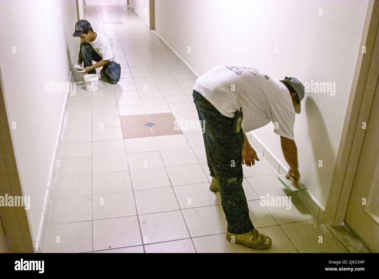 Miami Beach Florida, hombre hispano instalador instalación de nueva baldosa interior condominio apartamento residencial edificio pasillo trabajador trabajando Foto de stock