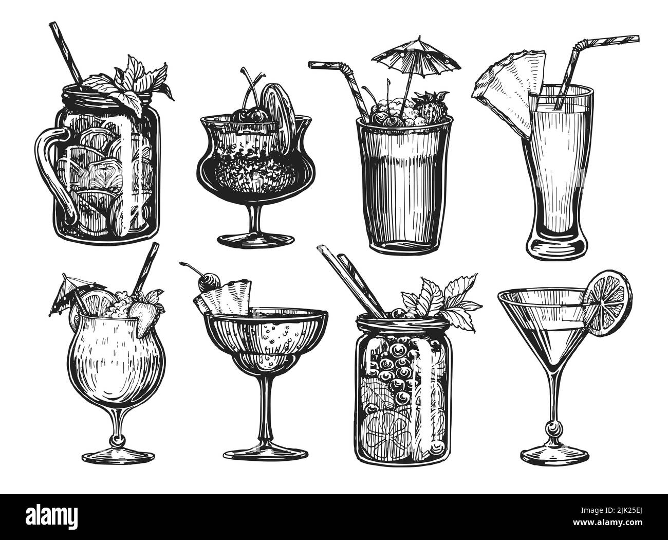 Cócteles elaborados a mano aislados sobre blanco. Zumo, bebidas alcohólicas en vasos. Ilustración del menú del restaurante o cafetería Foto de stock