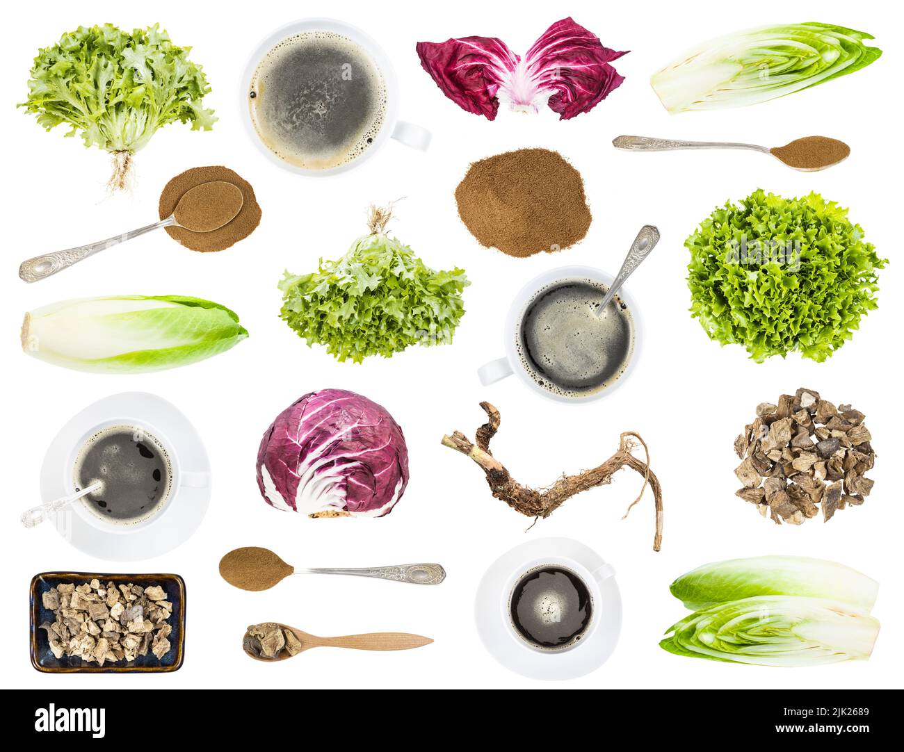 collage de varios alimentos crudos y bebidas de plantas de endibia y achicoria aisladas sobre fondo blanco Foto de stock