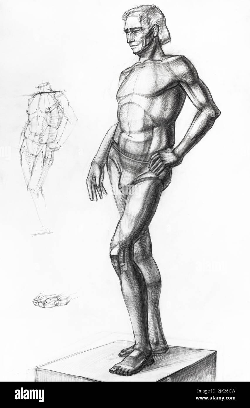 dibujo y dibujo de un hombre parado en el podio dibujado a mano con lápiz negro sobre papel blanco Foto de stock
