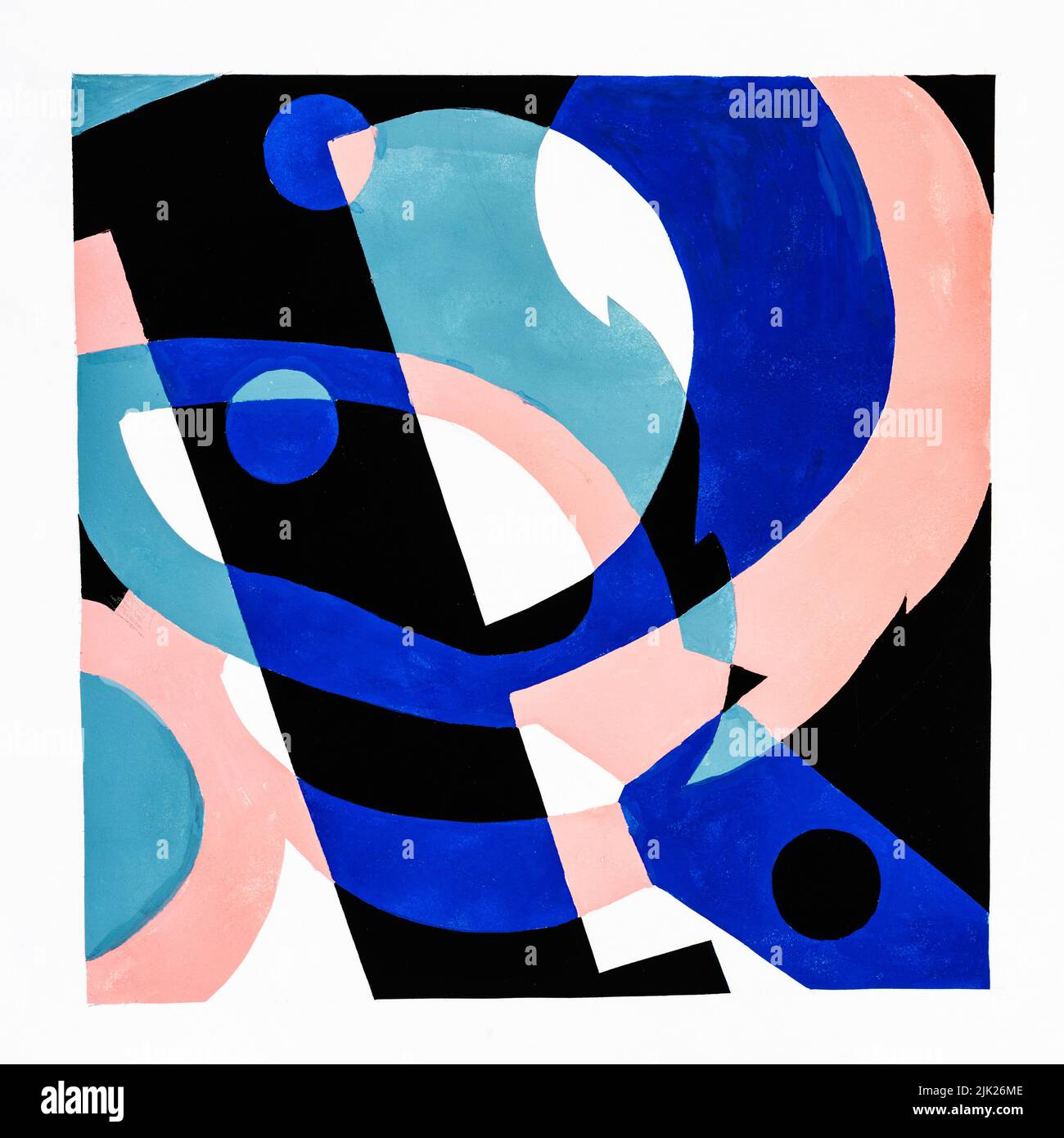 Composición cuadrada abstracta con letra P, hoja de árbol y tijeras pintadas a mano con pinturas temple rosa, azul y negro sobre papel blanco Foto de stock