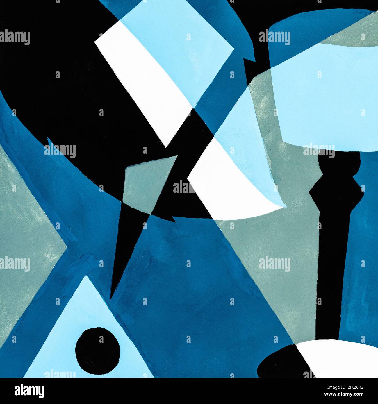 Composición cuadrada abstracta con letra X, hoja de árbol, signo de exclamación y vidrio de vino pintado a mano con pinturas temple verde, azul y negro sobre blanco Foto de stock