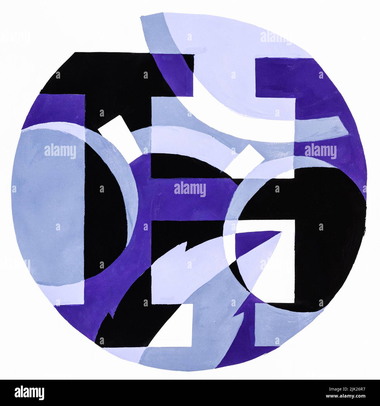 Composición redonda abstracta con letra H, hoja de árbol y gafas pintadas a mano con pinturas temple azul, violeta y negro sobre papel blanco Foto de stock