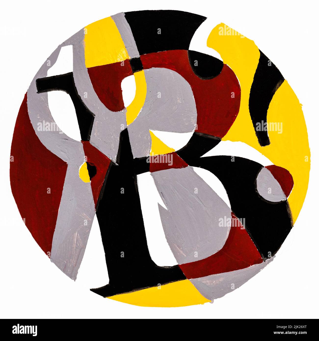 Composición redonda abstracta con letra B , tijeras y signo de interrogación pintado a mano con pinturas temple amarillas, marrones y negras sobre papel blanco Foto de stock