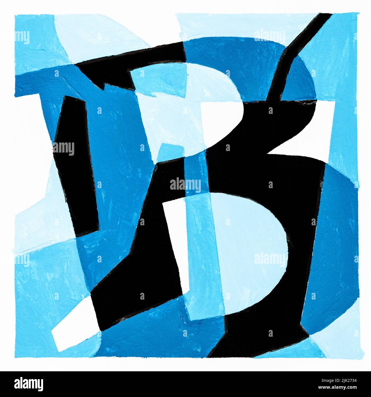 Composición cuadrada abstracta con letra B, hoja, copa de cóctel y citas pintadas a mano con pinturas tempera azules y negras sobre papel blanco Foto de stock
