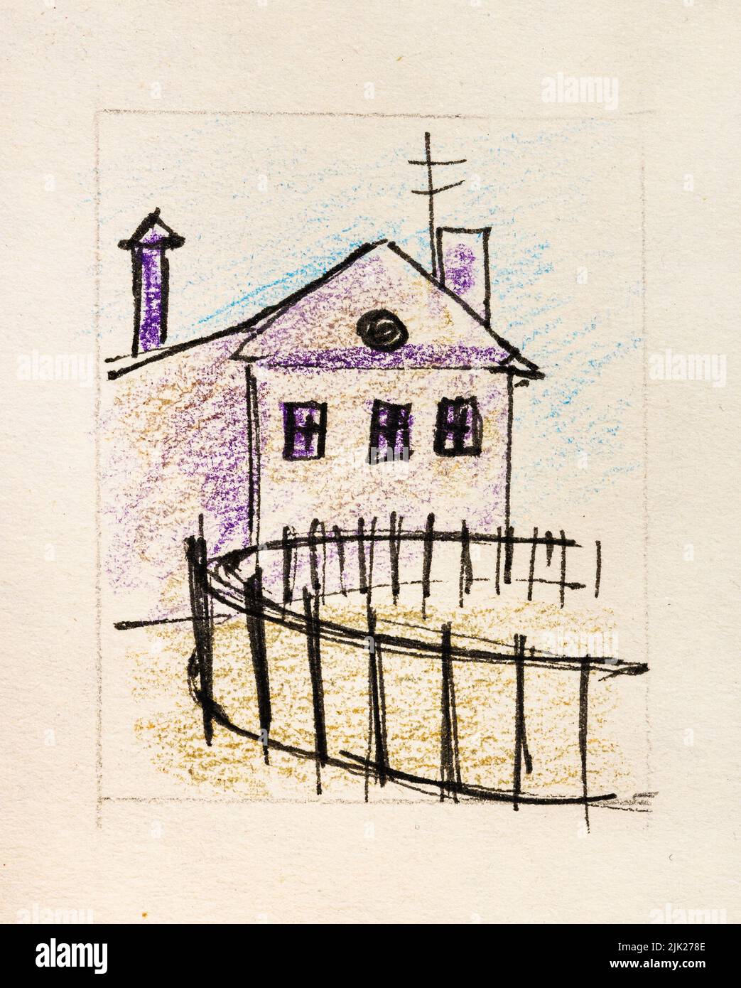Boceto de la casa en la isla italiana Torcello dibujado a mano con lápices de colores y pluma negra sobre papel texturizado de color amarillo viejo de cerca Foto de stock