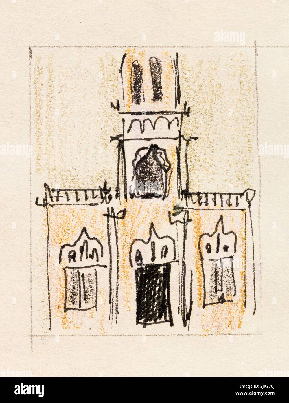 Esbozo de la iglesia de la ciudad de Moscú dibujado a mano con lápices de colores y pluma negra sobre papel texturizado amarillo viejo de cerca Foto de stock
