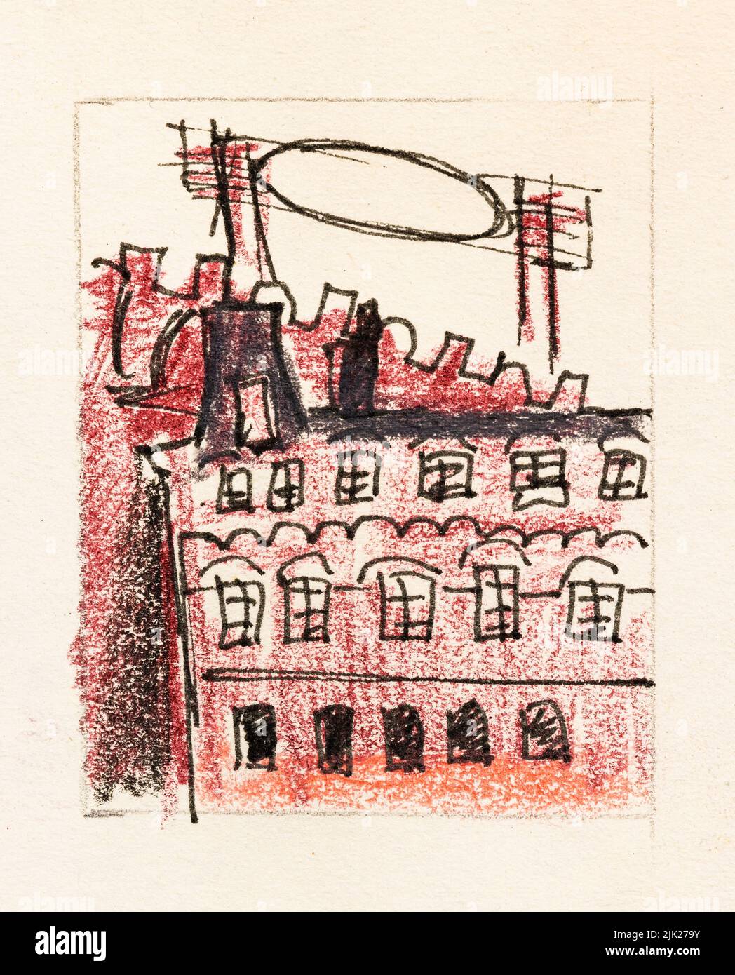 Boceto del edificio rojo de la ciudad de Moscú dibujado a mano con lápices de colores y pluma negra sobre papel texturizado amarillo viejo de primer plano Foto de stock