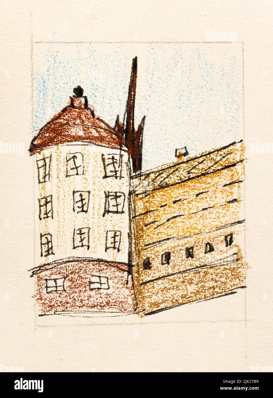 Boceto de la construcción en la ciudad de Nantes Francia dibujado a mano con lápices de color y bolígrafo negro sobre papel texturizado de color amarillo viejo de cerca Foto de stock