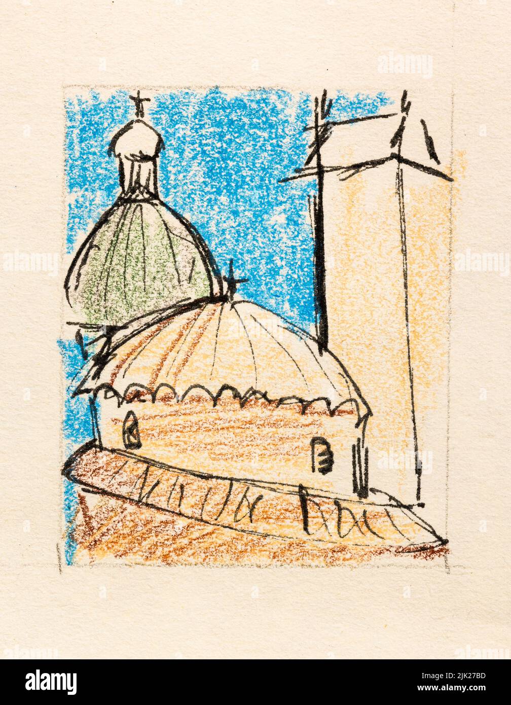 Boceto de la catedral en la ciudad de Padua Italia dibujado a mano con lápices de color y pluma negra sobre papel texturizado amarillo viejo de primer plano Foto de stock