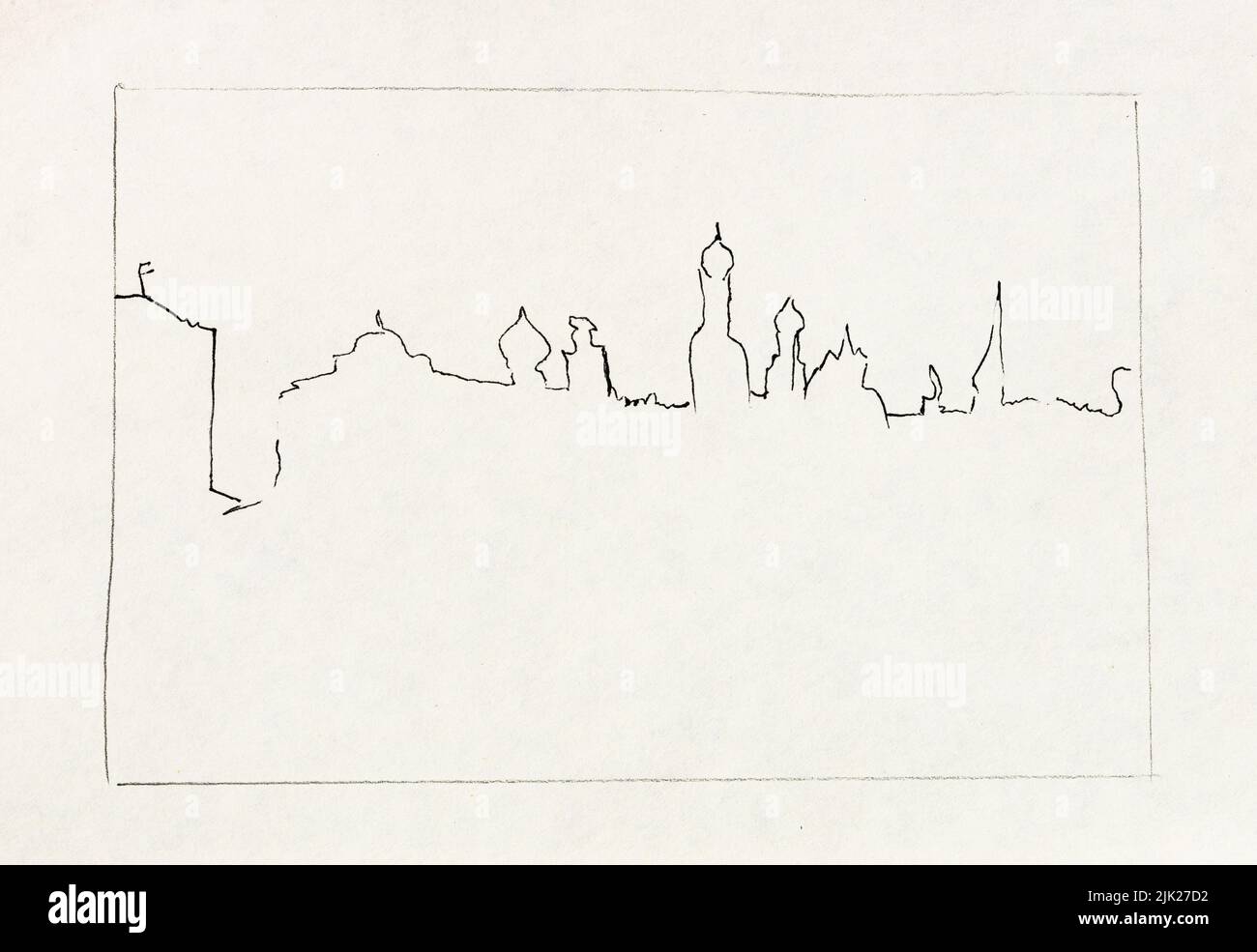 Esbozo del horizonte de la ciudad de Suzdal Rusia dibujado a mano con bolígrafo negro sobre papel blanco antiguo texturizado Foto de stock