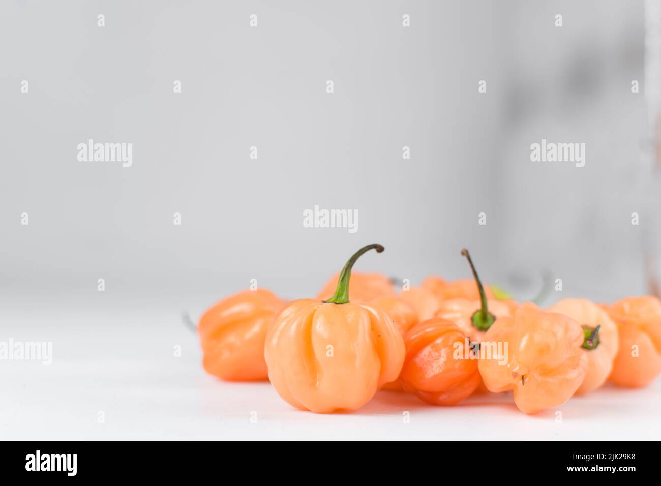 Un pimiento escotado con tallo sobre fondo blanco, pimiento fresco, pimienta naranja coral, pimiento nigeriano escocés bonete Foto de stock