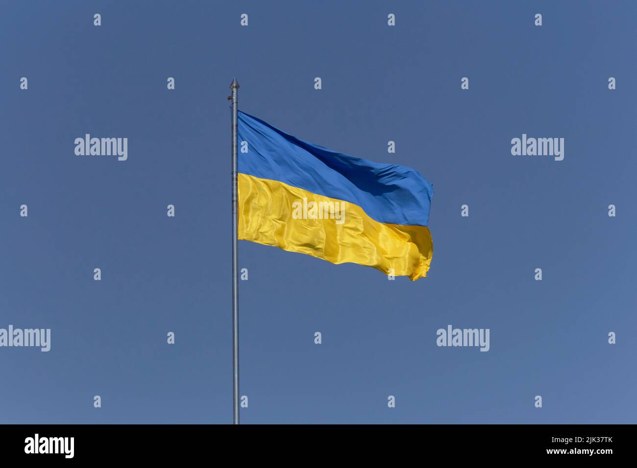 Bandera ondeada de Ucrania en asta contra cielo azul claro Foto de stock