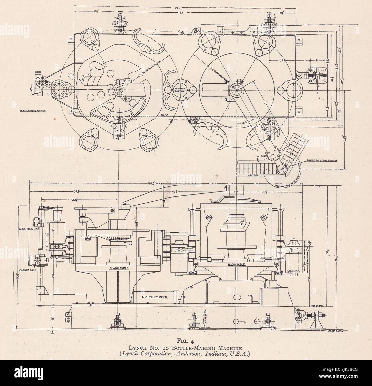 Diagrama vintage de una máquina de fabricación de botellas Lynch No.10. Foto de stock