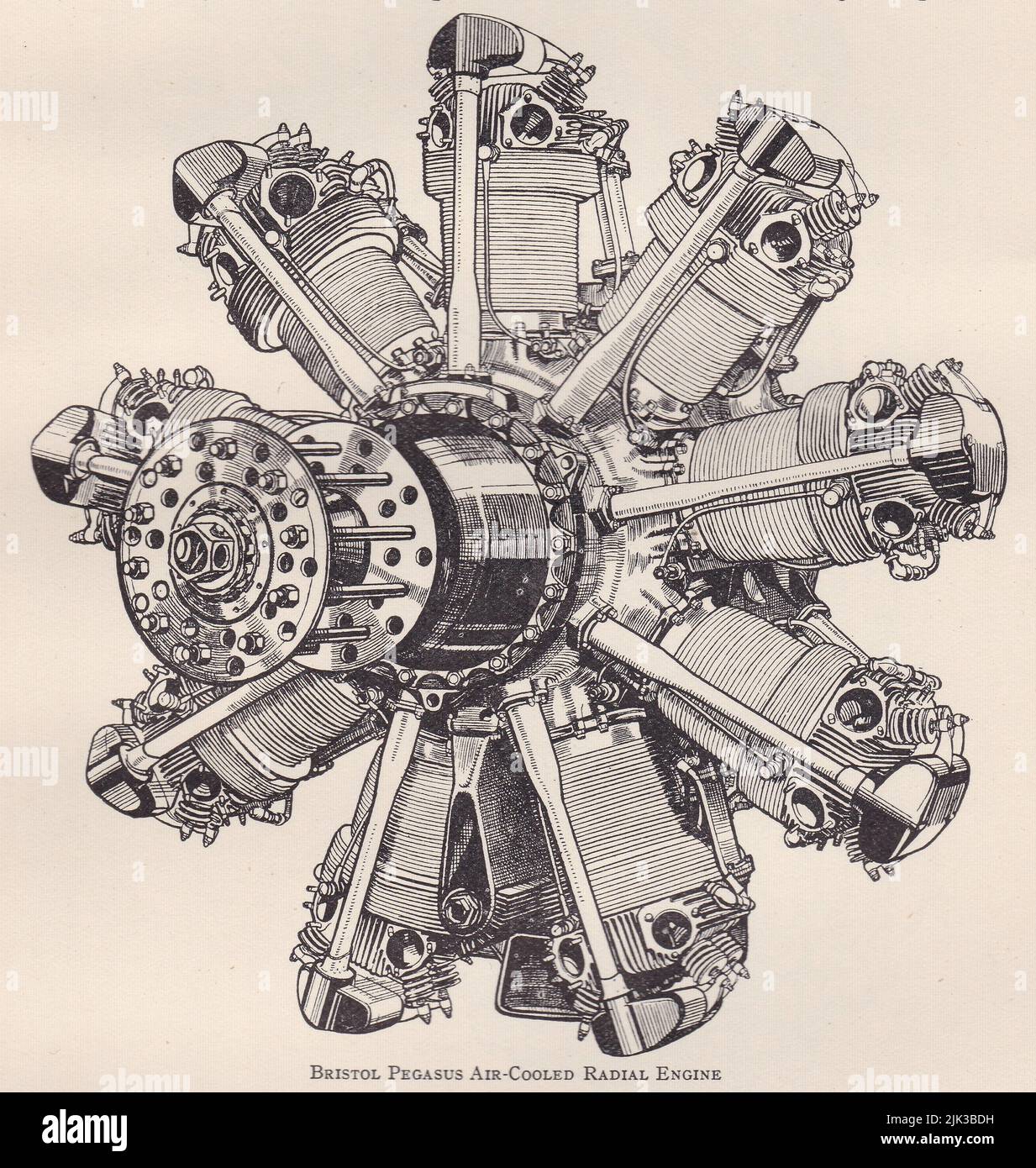 Diagrama vintage de un motor radial refrigerado por aire Bristol Pegasus. Foto de stock