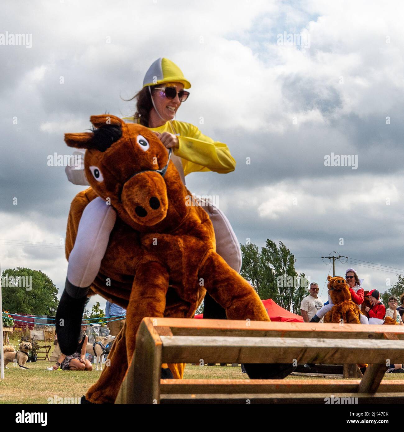 Damerham cerca de Fordingbridge, Hampshire, Reino Unido, 30th de julio de 2022. Un caballo y un jinete saltando una valla en la Feria Damerham y el espectáculo hortícola Damerham Derby disfraz carrera de caballos. Paul Biggins/Alamy Live News Foto de stock