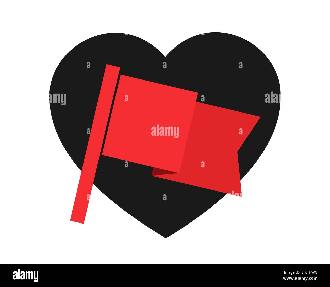Corazón del amor con bandera roja - señal de advertencia para evitar la relación, romance, amorosidad y afectuosidad debido a la calidad negativa. Ilustración vectorial Foto de stock