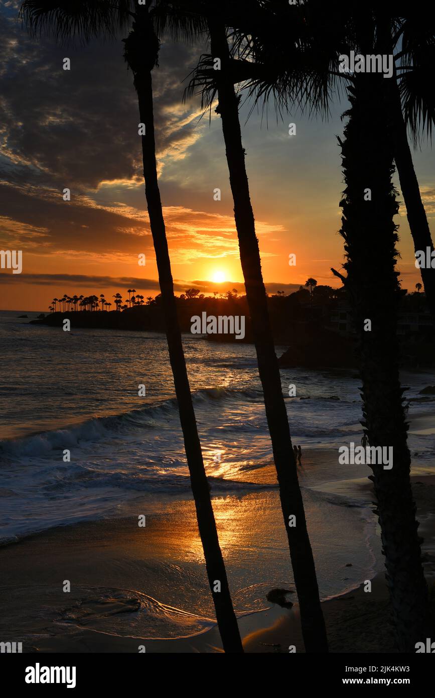 Puesta de sol, Laguna Beach, California, con olas, palmeras y reluciente arena Foto de stock