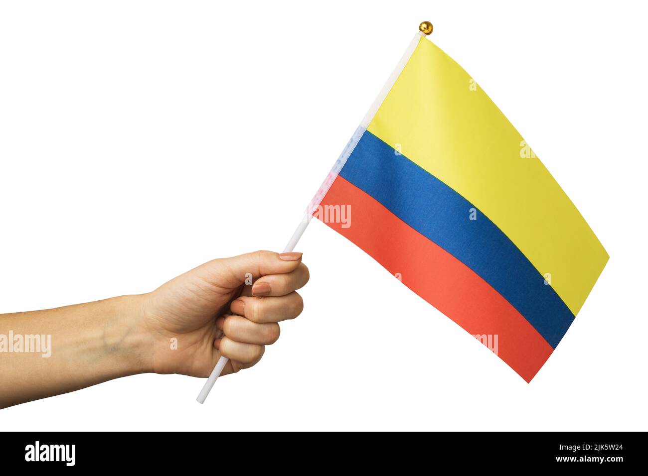 Mano hembra sosteniendo bandera colombiana aislada sobre fondo blanco, plantilla para diseñadores Foto de stock