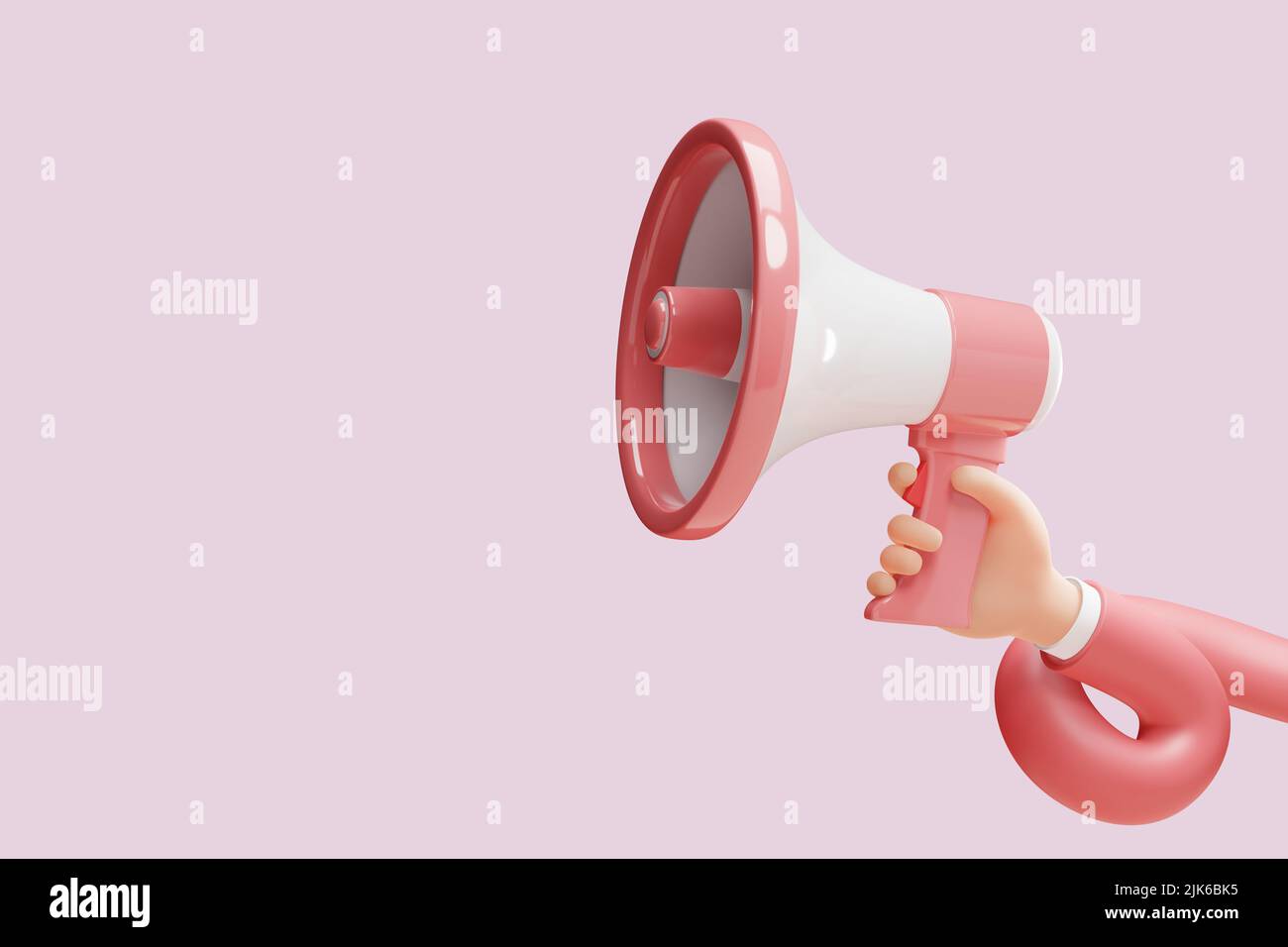 Dibujos animados Mano flexible con megáfono sobre fondo rosa con espacio de copia. ilustración 3d Foto de stock