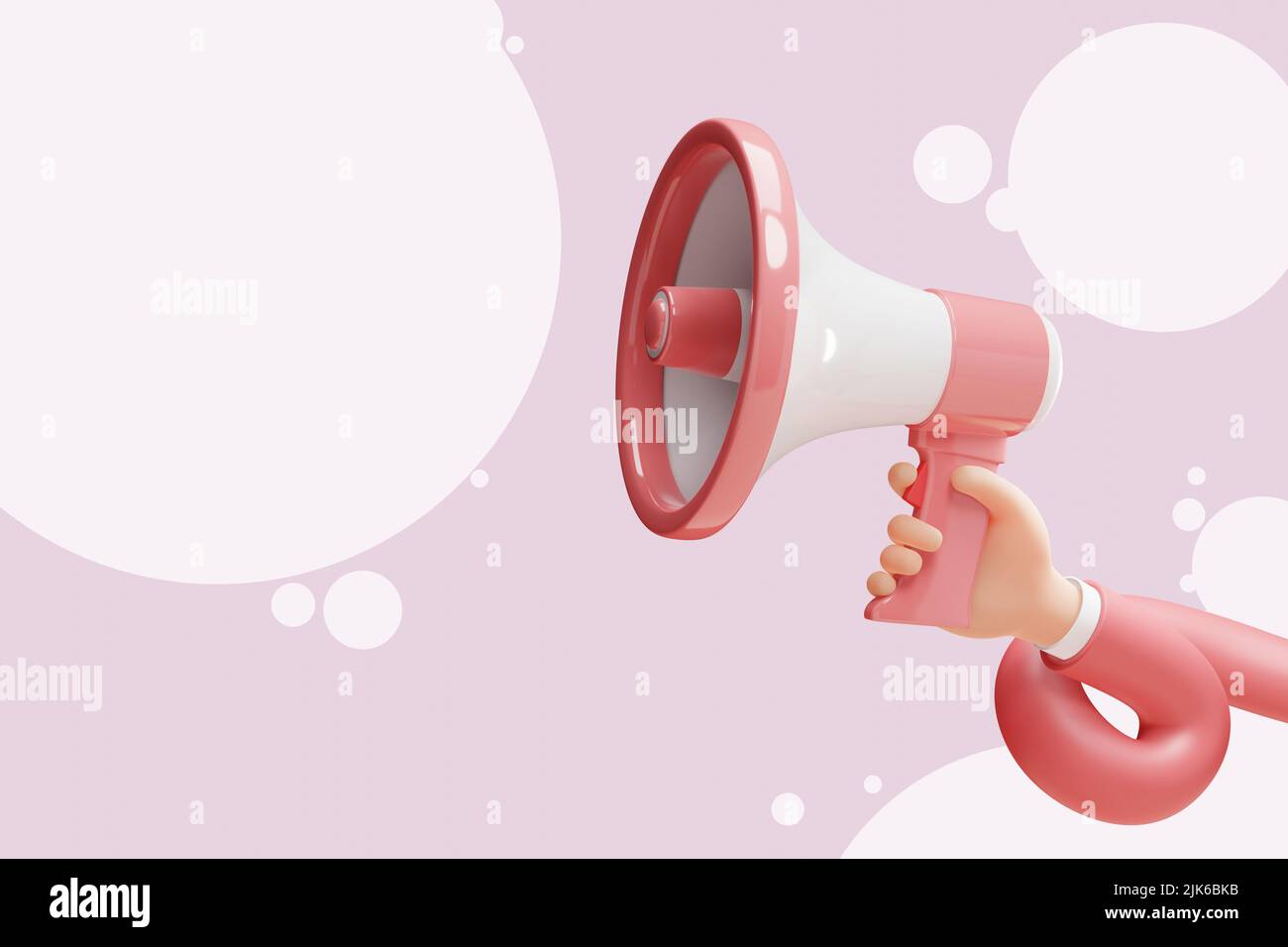 Dibujos animados Mano flexible con megáfono sobre fondo rosa con espacio de copia. ilustración 3d Foto de stock
