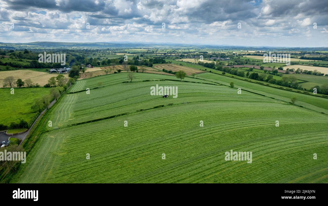 Siega una cosecha de hierba en una granja en el valle del Edén cerca de Kirkby Stephen, Cumbria. Vista de drone Foto de stock
