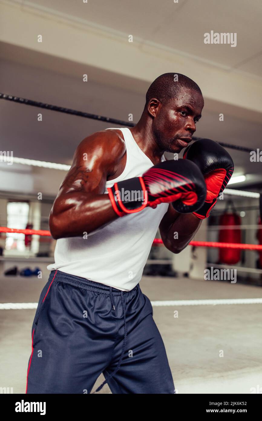 Boxeador joven de pie en posición de lucha con guantes de boxeo. Hombre joven atlético teniendo una sesión de entrenamiento en un gimnasio de boxeo. Foto de stock