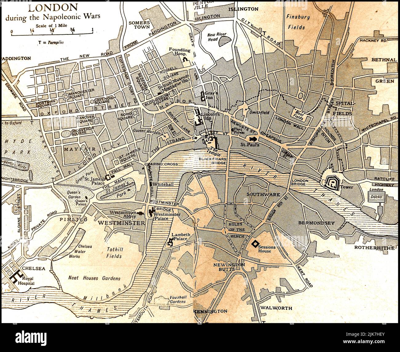 Un antiguo mapa que muestra la ciudad de Londres en la época de Napoleón Foto de stock