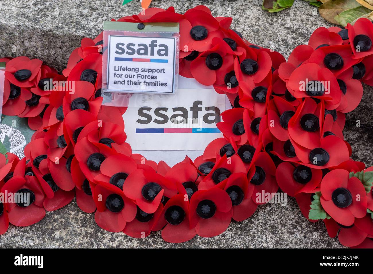 Una corona de amapola colocada por SSAFA Ireland en los Jardines Conmemorativos de la Guerra Nacional Irlandesa, en conmemoración de los 60.000 irlandeses que murieron en guerras mundiales Foto de stock