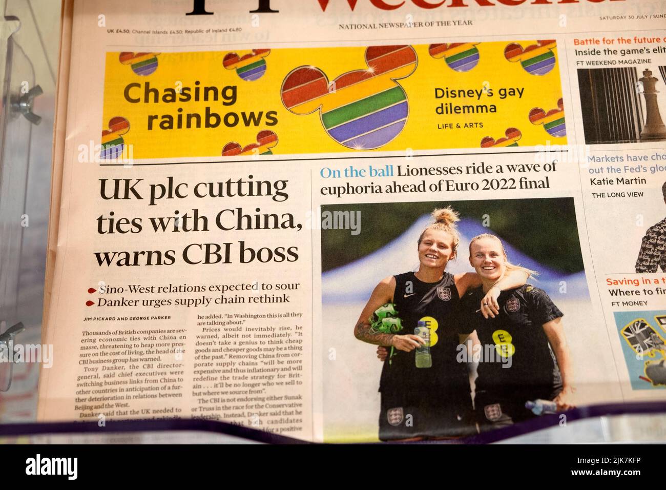 'UK plc cortando lazos con China, advierte CBI BOSS' y Lionesses Euro 2022 final en el titular del periódico Financial Times FT portada del 31 de julio Londres Reino Unido Foto de stock