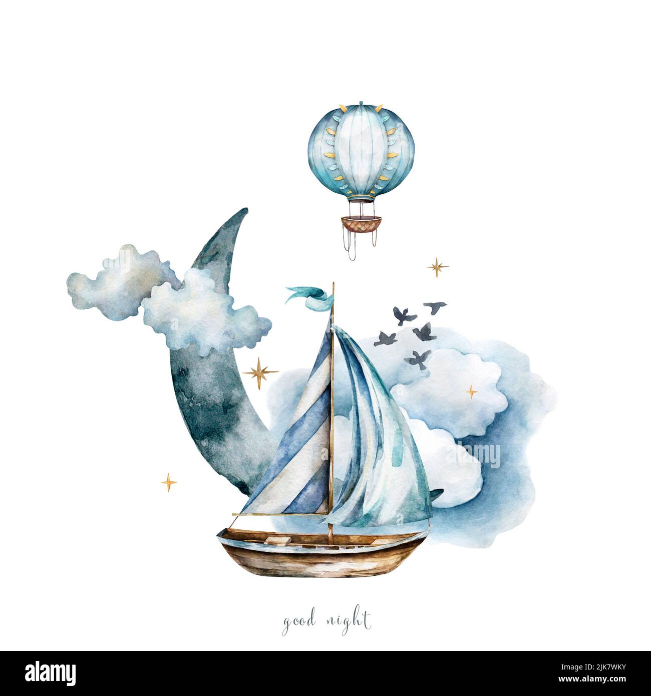 Barco con globo de aire caliente en las nubes bajo la luna y las aves  acuarela ilustración. Buena impresión nocturna para papel pintado. Siga su  sueño Fotografía de stock - Alamy