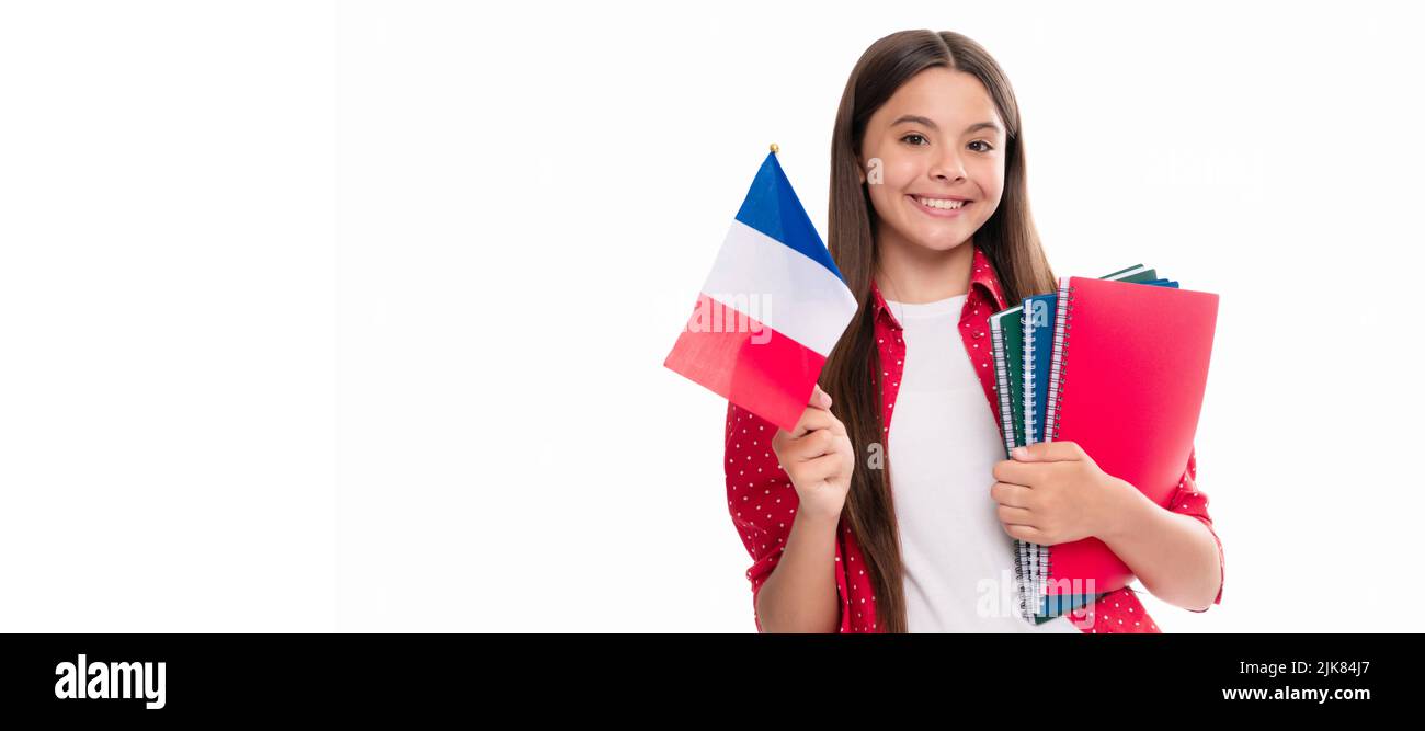 Niña Adolescente Feliz Sostener La Bandera Francesa Y Copybook De La
