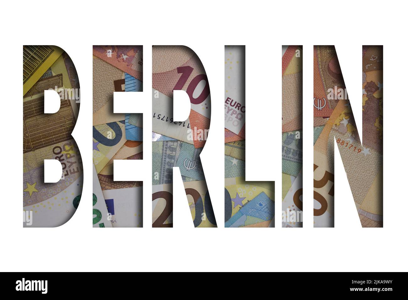 Berlín palabra con dinero. Papel moneda de fondo con diferentes billetes. Foto de stock