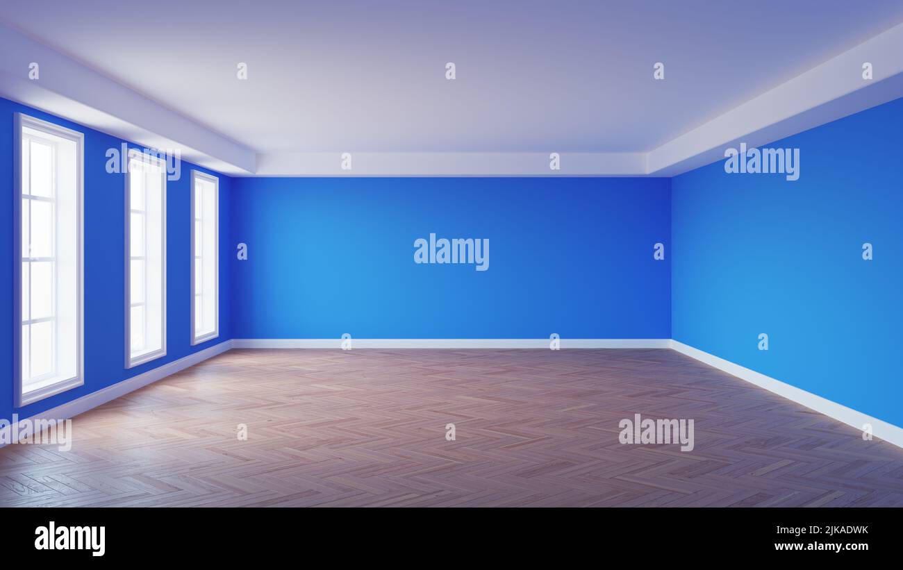Hermosa habitación vacía con paredes azules, techo blanco y cornisa, tres  grandes ventanas, piso de parquet de espiga brillante y un zócalo blanco.  Concepto interior. representación 3d. 8K Ultra HD, 7680 x