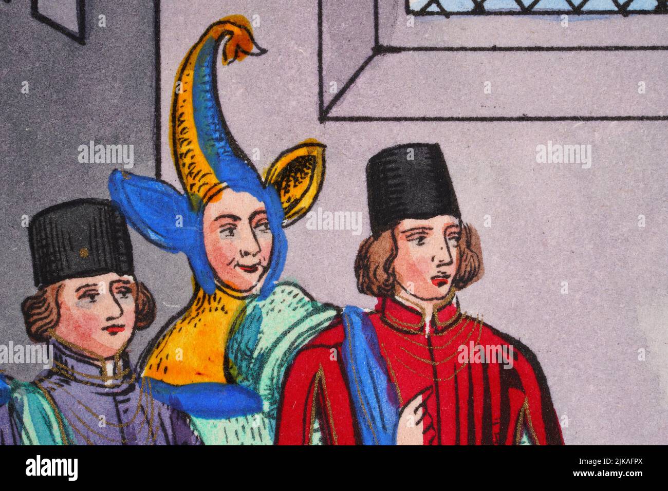 Ilustración vintage de Hombre usando un sombrero de jesters medieval, siglo 14th, Flamenco, Historia Foto de stock