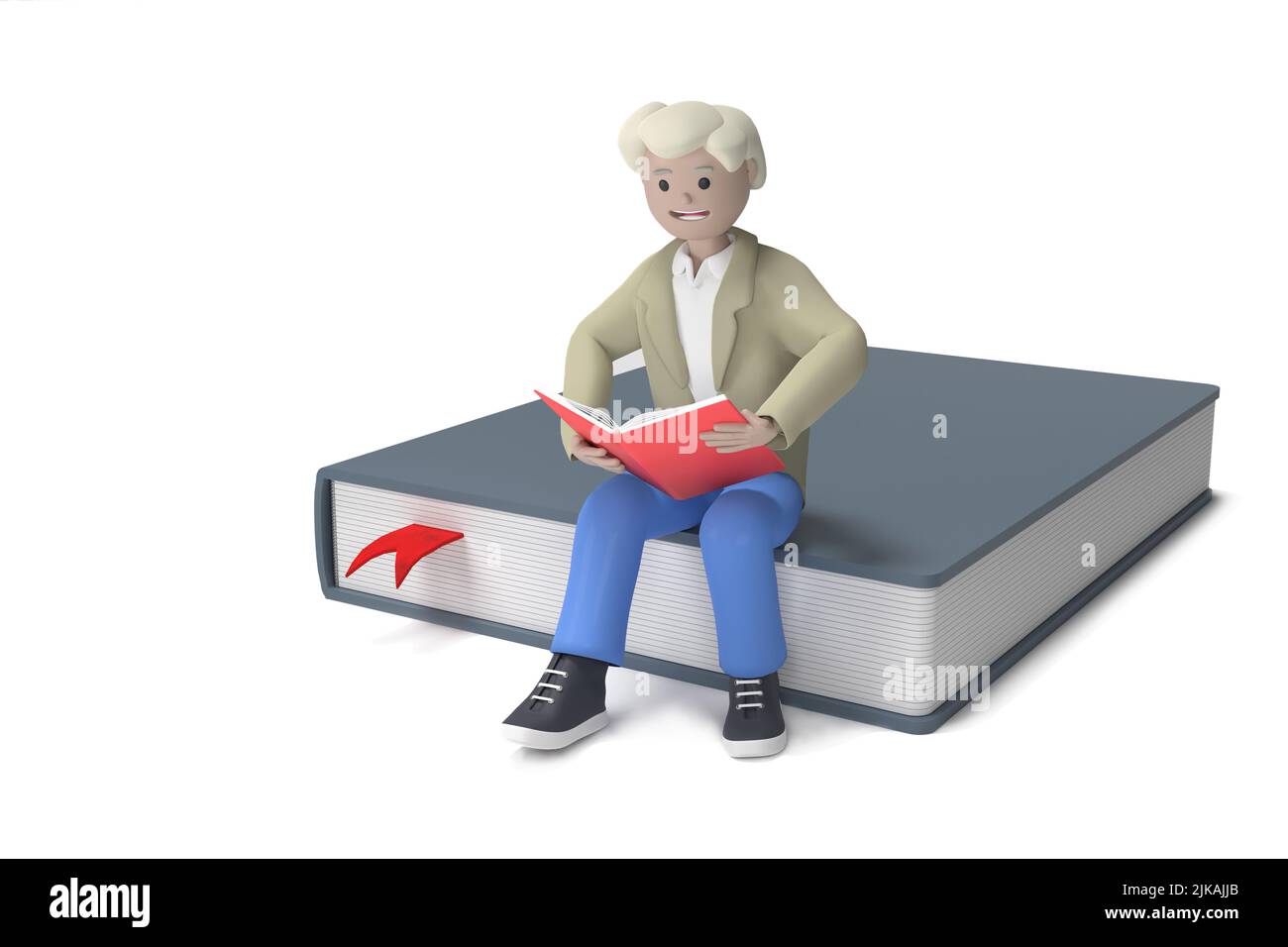 Concepto de lectura. Hombre sosteniendo un libro y sentado en un libro grande - ilustración de 3D Foto de stock