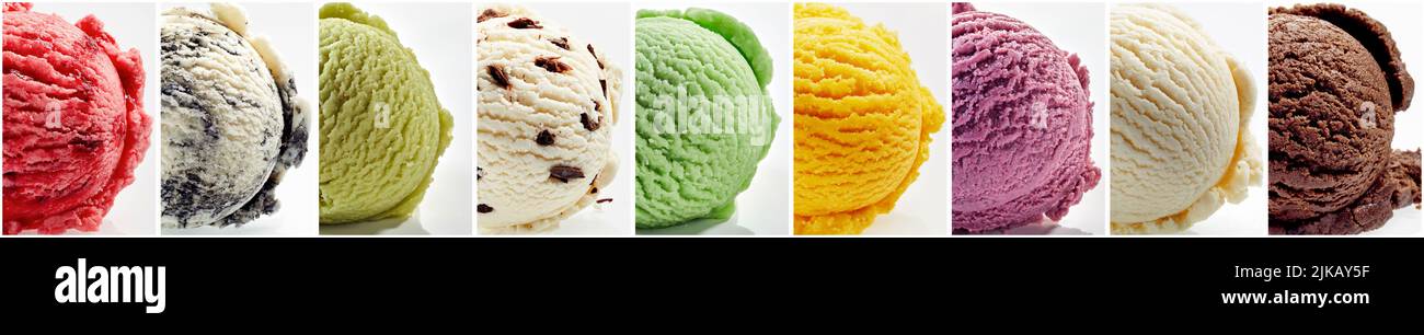 Collage de sabrosas bolas de helado dulce de diferentes colores y sabores sobre fondo blanco en Light Studio Foto de stock