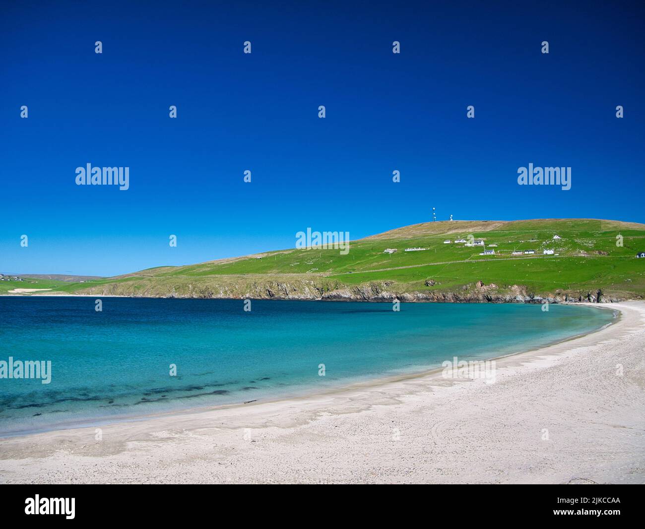 La arena blanca y el agua turquesa de la playa Spiggie Beach (playa de Scousburgh) en el sur de Shetland, Reino Unido. Tomada en un día soleado con un cielo azul claro. Foto de stock