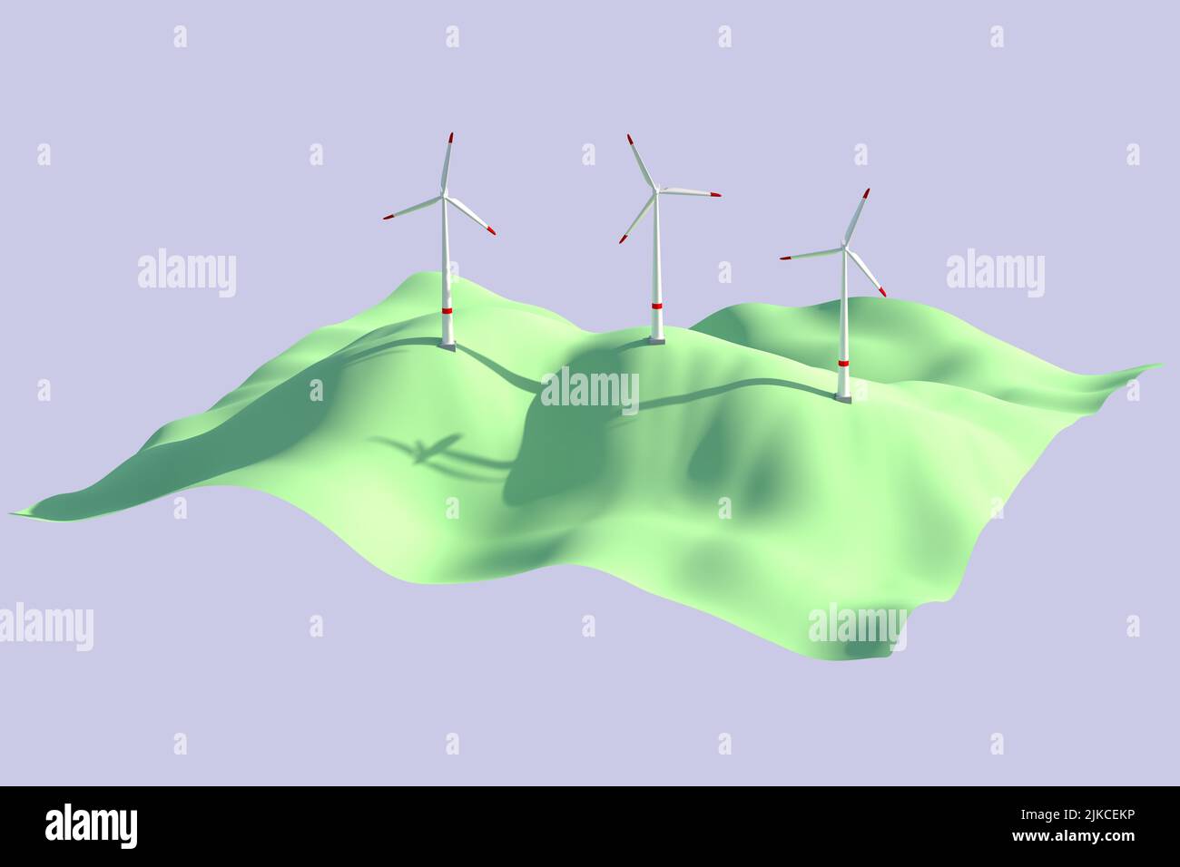 Los aerogeneradores en colinas onduladas se muestran aislados como 3D sobre fondo azul. Foto de stock