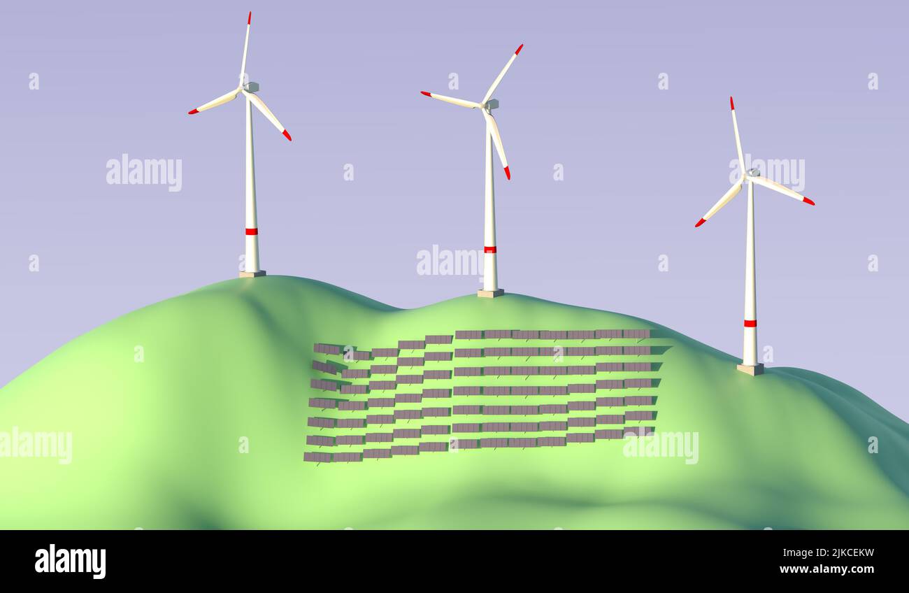 Turbinas eólicas y paneles solares en colinas ondulantes - ilustración como 3D se muestran aislados sobre fondo azul. Foto de stock