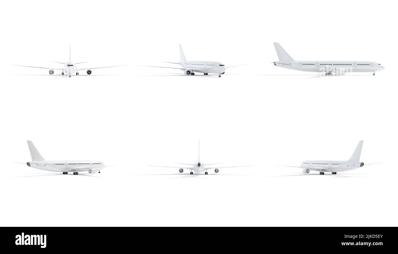 Maqueta de avión blanco en blanco, ángulos de rotación de todos los lados Foto de stock