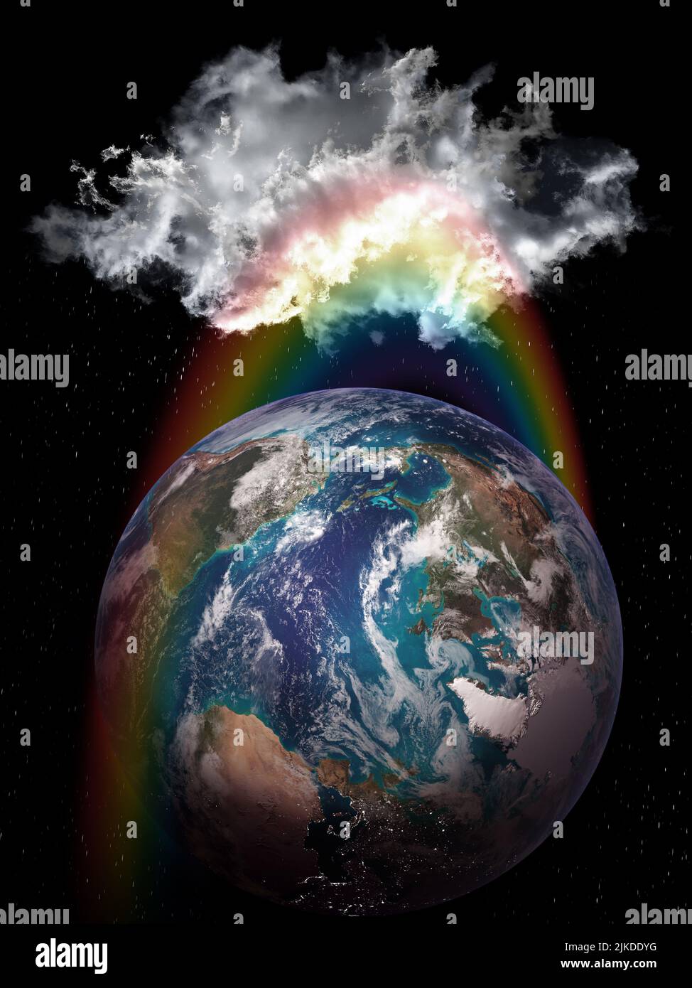 Anillo Rainboll alrededor del planeta Tierra, nube y lluvia. Collage conceptual. Elementos de esta imagen proporcionados por la NASA. Foto de stock