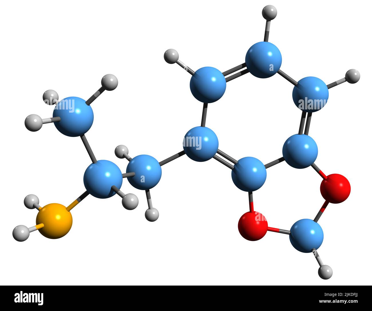 3D imagen de la fórmula esquelética de la metilenedioxianfetamina - estructura química molecular del derivado de la anfetamina empatógeno-entactogen aislado en w Foto de stock