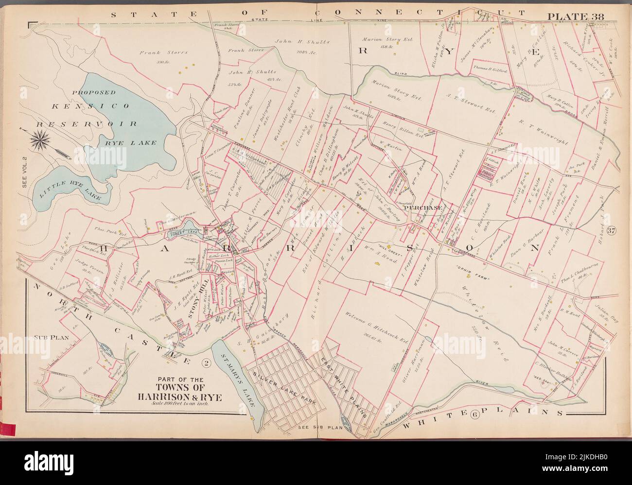 Westchester, V. 1, Double Page Plate No. 38 [Mapa limitado por el Estado de Connecticut, White Plains, North Castle]. G.W. Bromley & Co. (Editorial). Foto de stock