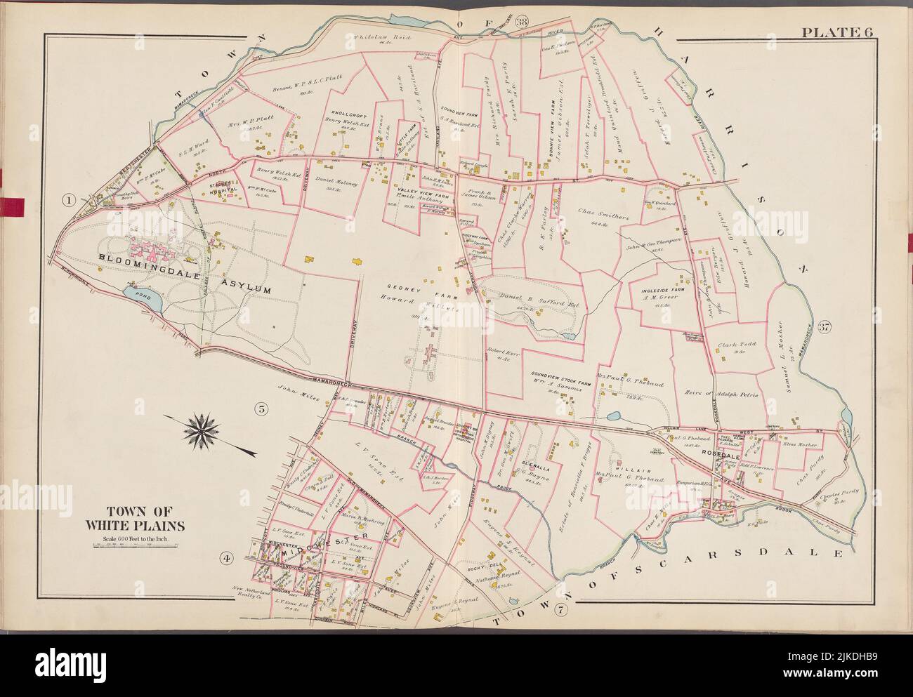 Westchester, V. 1, Double Page Plate No. 6 [Mapa delimitado por Toen of Harrison, Town of Scarsdale, Prescott Ave., Bloomingdale Rd.]. G.W. Bromley & Co Foto de stock