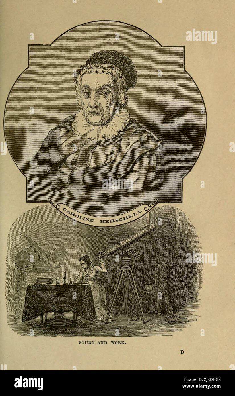 Ilustración de la página 33 del libro Women Worth Emulating, que representa a la astrónoma Caroline Herschel en Later Life (top) y como una joven mujer en A. Foto de stock